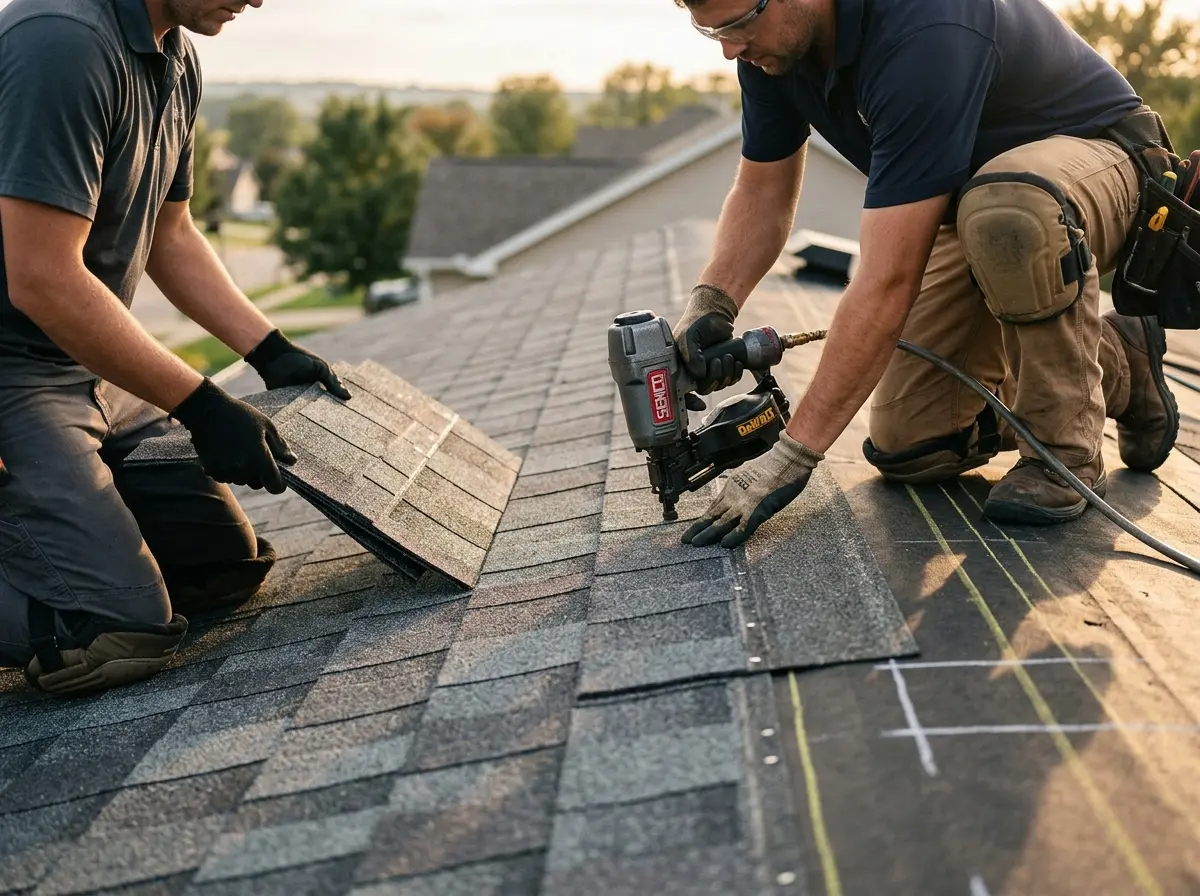 Professional roofer working on a residential roof in South Portland